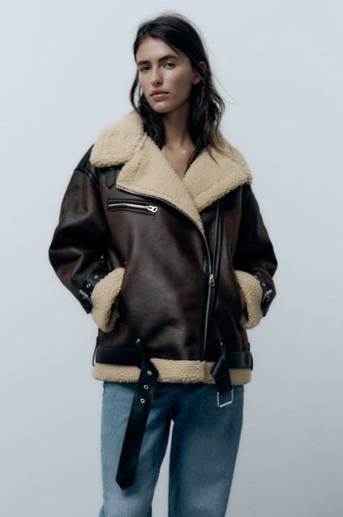 Women's Faux Shearling Aviator Jacket with Oversized Collar