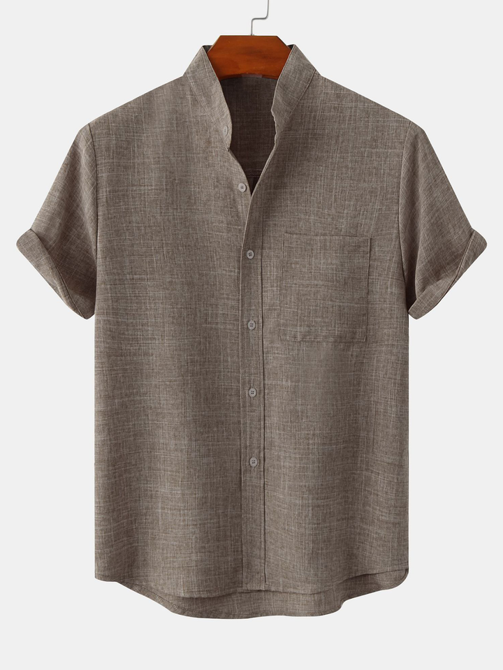 Man Stand Collar Shirt Whit Pocket