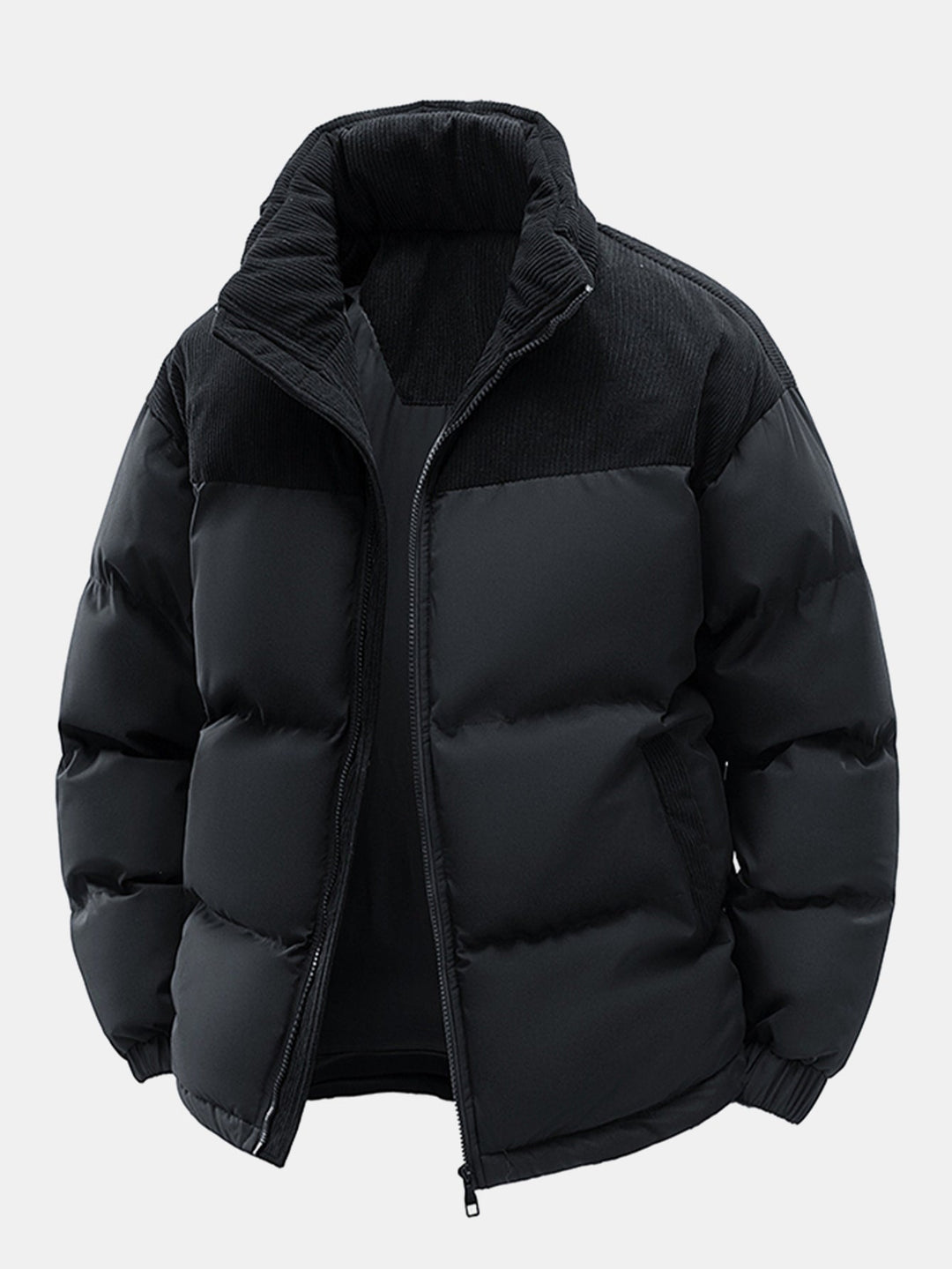 Corduroy Patchwork Hooded Puffer Jacket