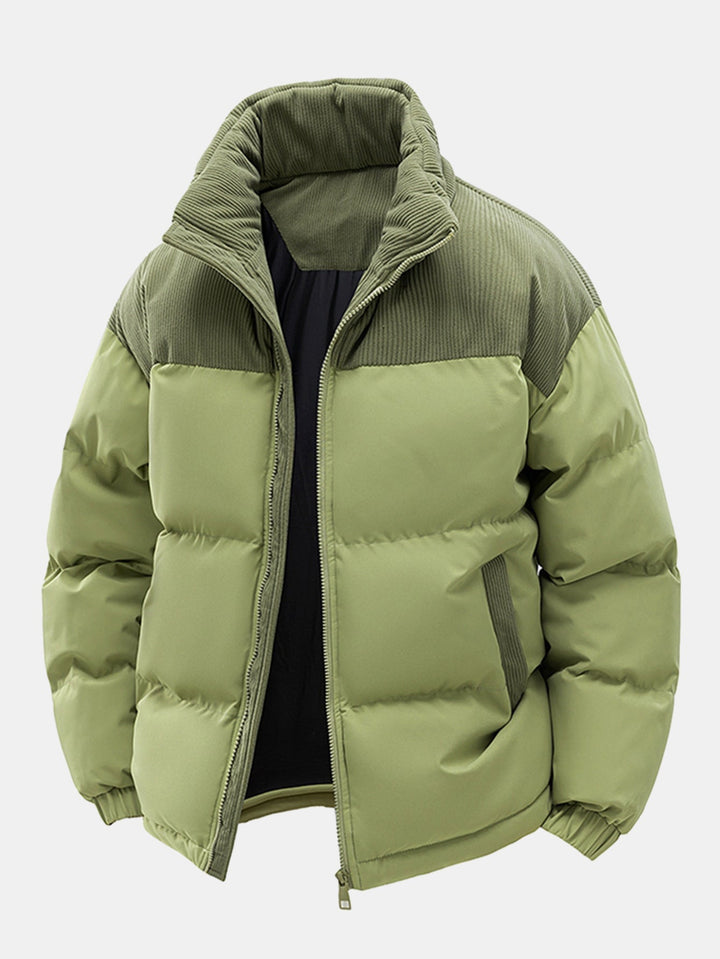 Corduroy Patchwork Hooded Puffer Jacket