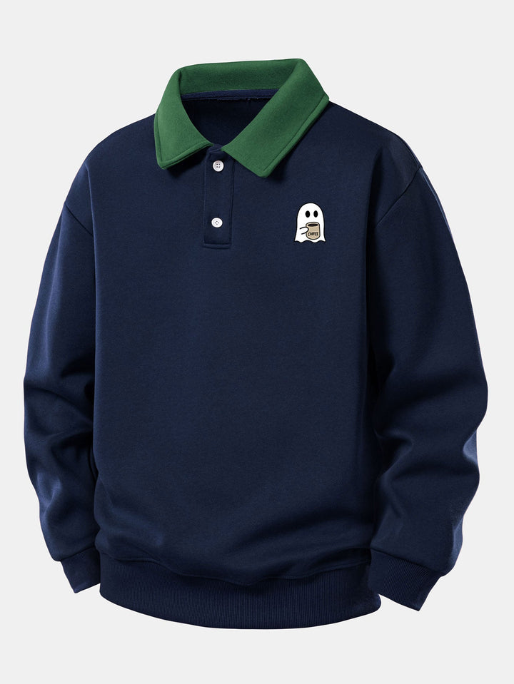 Relax Fit Ghost Drinking Coffee Print Contrast Polo Sweatshirt