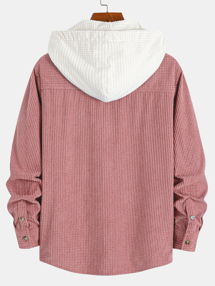 Long Sleeved Waffle Corduroy Contrast Hooded Shirt
