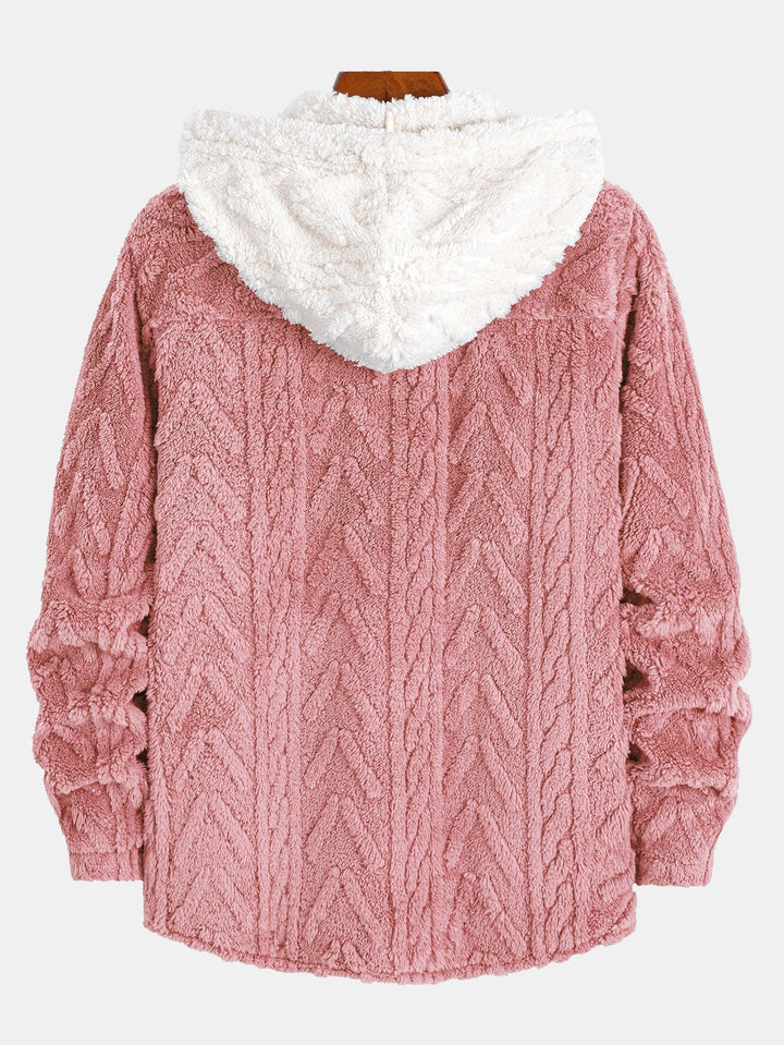 Contrast Geometric Jacquard Teddy Hooded Shirt