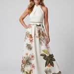 Meadow | Draped Halter Botanical Panel Maxi Dress