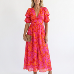 Violet & Grace™ | Floral V Neck Puff Sleeve Midi Dress