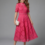 Juno | Short Sleeve Eyelet Lace Fitted Waist Midi Dress
