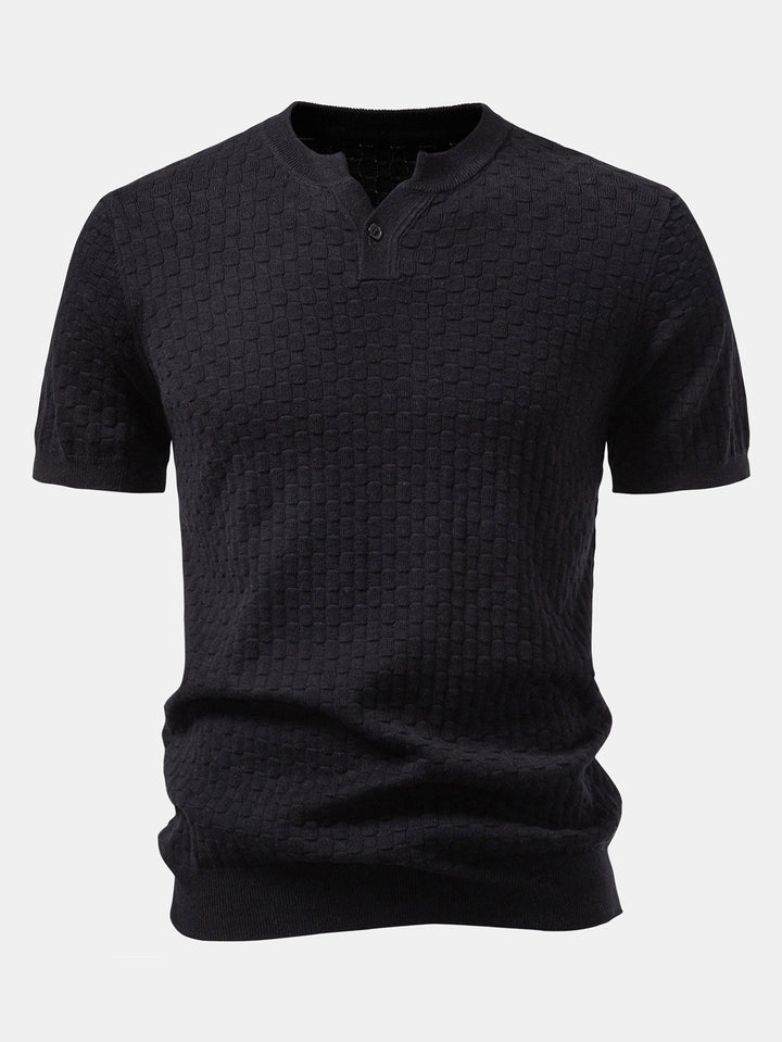 Checkerboard Henley Collar Sweater Knitted T-Shirt