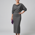 Romy | Draped Neckline Fitted Skirt Midi Dress