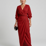 Fable | Long Sleeve Wrap Overlap Skirt Midi Dress