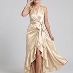 Honora | Halter Neck Wrap Asymmetric Hem Midi Dress