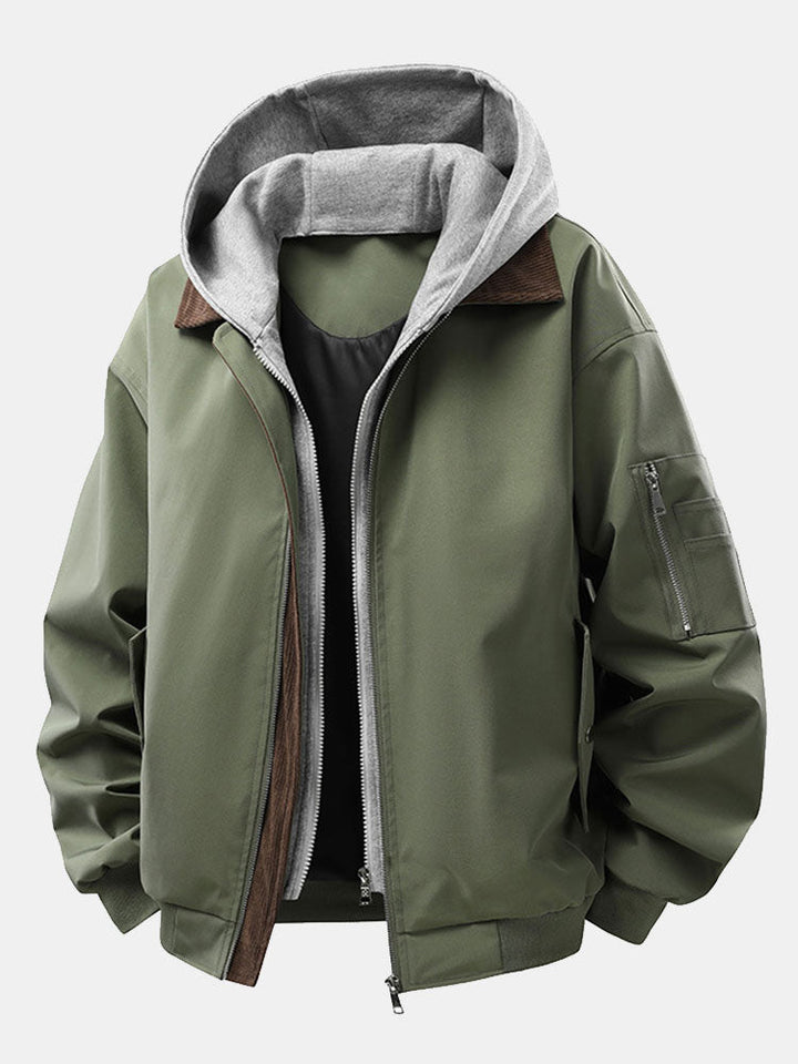Relax Fit Contrast Corduroy Bomber Jacket With Detachable Hood