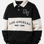 Relax Fit Los Angeles Print Color Block Polo Collar Sweatshirt