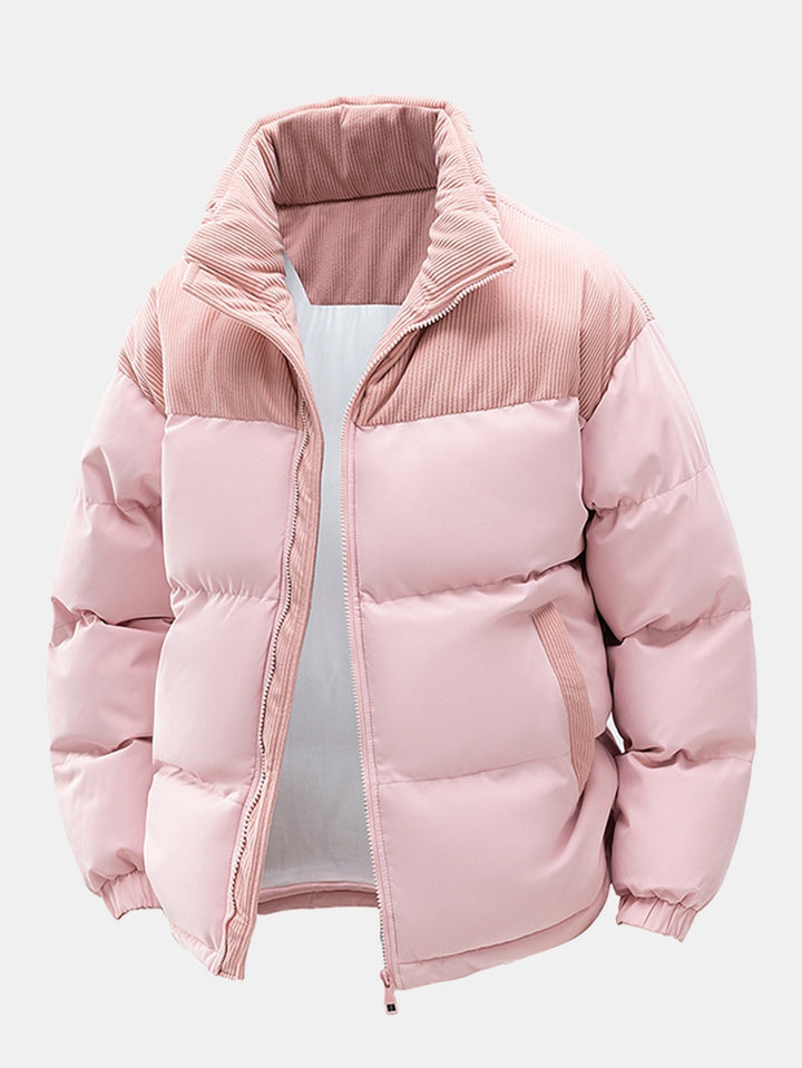 Corduroy Patchwork Hooded Puffer Jacket
