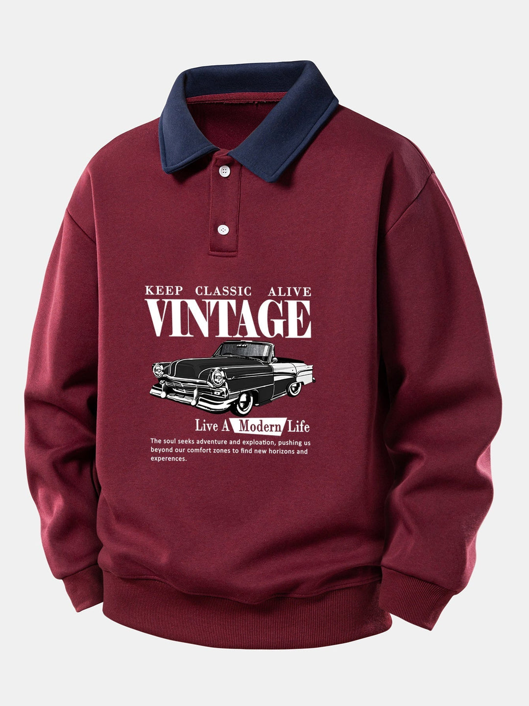 Relax Fit Vintage Car Print Contrast Polo Sweatshirt