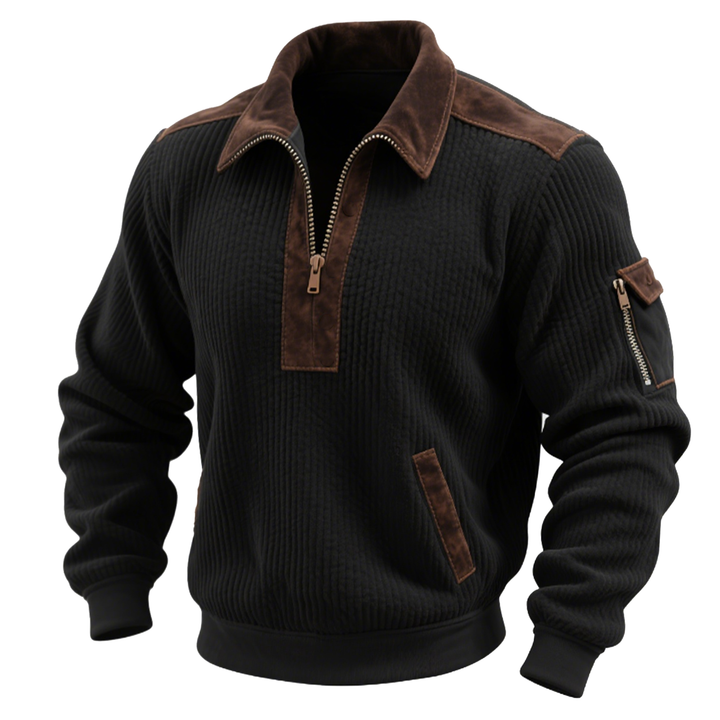 Black Quilted Jacket with Brown Suede Collar and Zipper Details