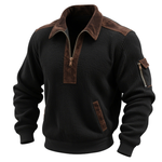 Black Quilted Jacket with Brown Suede Collar and Zipper Details
