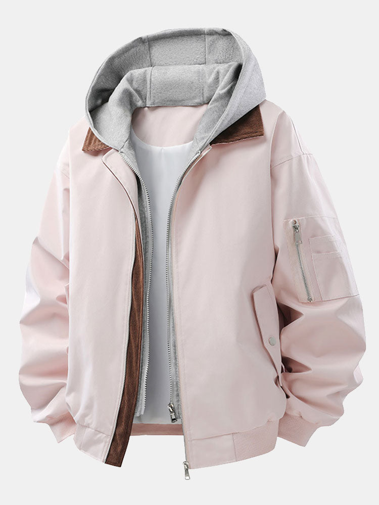 Relax Fit Contrast Corduroy Bomber Jacket With Detachable Hood