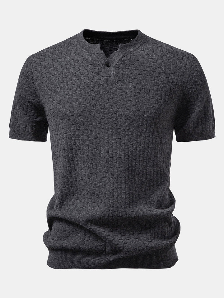 Checkerboard Henley Collar Sweater Knitted T-Shirt