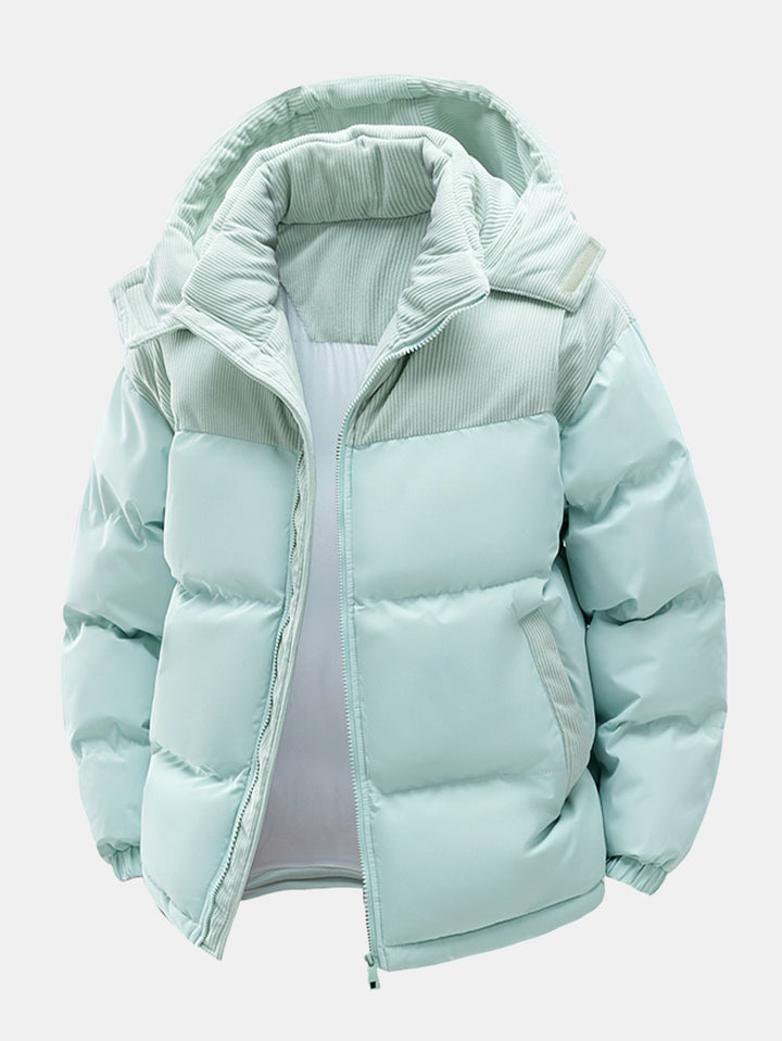 Corduroy Patchwork Hooded Puffer Jacket