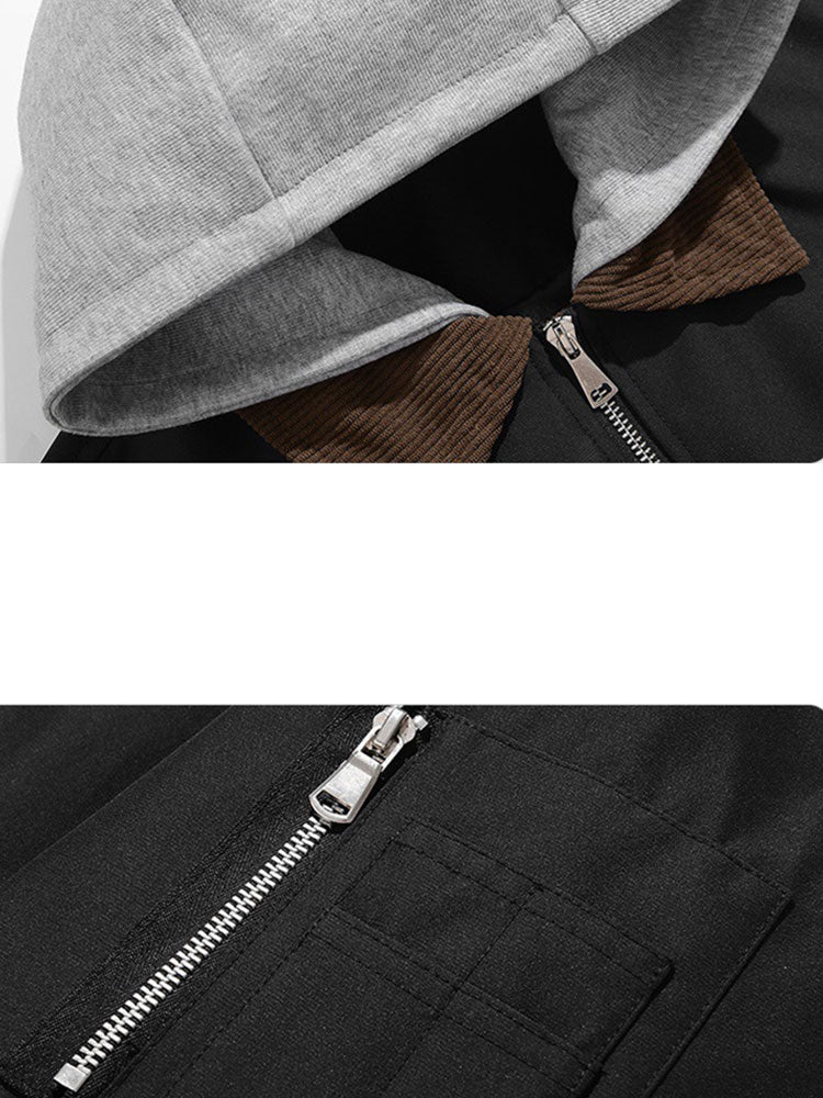 Relax Fit Contrast Corduroy Bomber Jacket With Detachable Hood