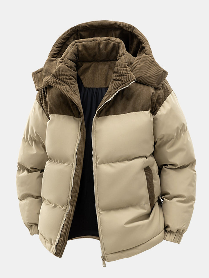 Corduroy Patchwork Hooded Puffer Jacket