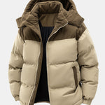 Corduroy Patchwork Hooded Puffer Jacket