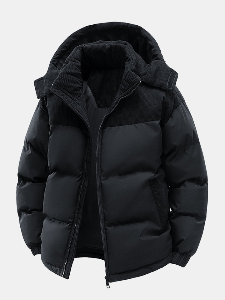 Corduroy Patchwork Hooded Puffer Jacket
