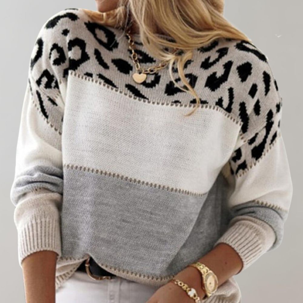 Women's Leopard Color Block Knit Sweater