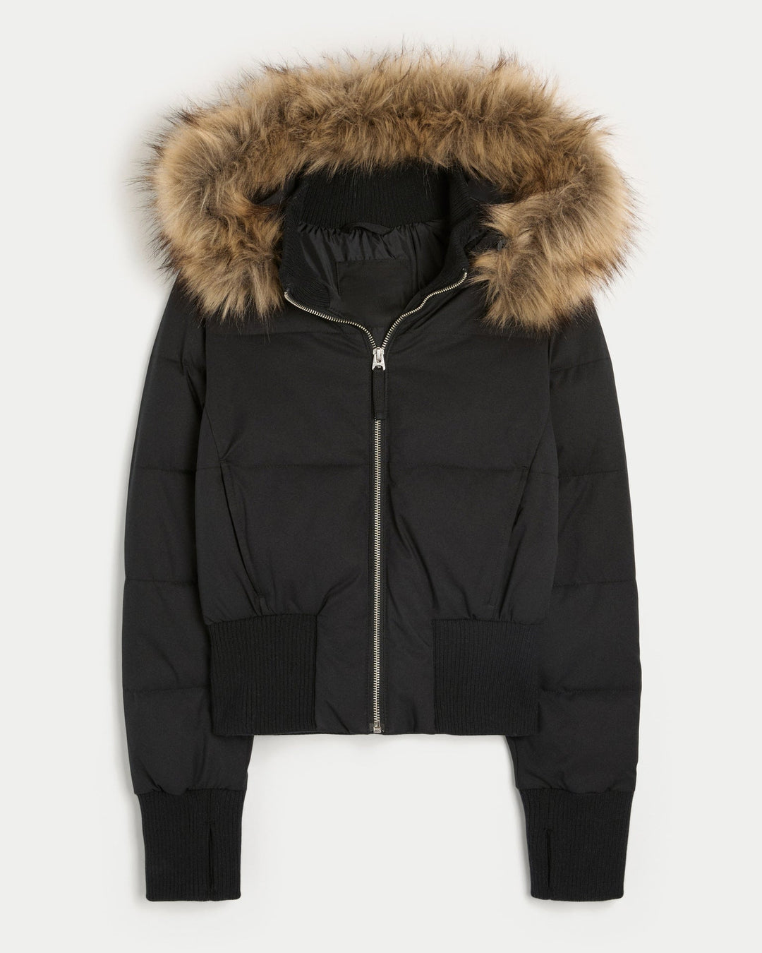 Women's Cropped Quilted Hooded Jacket with Faux Fur Trim