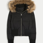 Women's Cropped Quilted Hooded Jacket with Faux Fur Trim