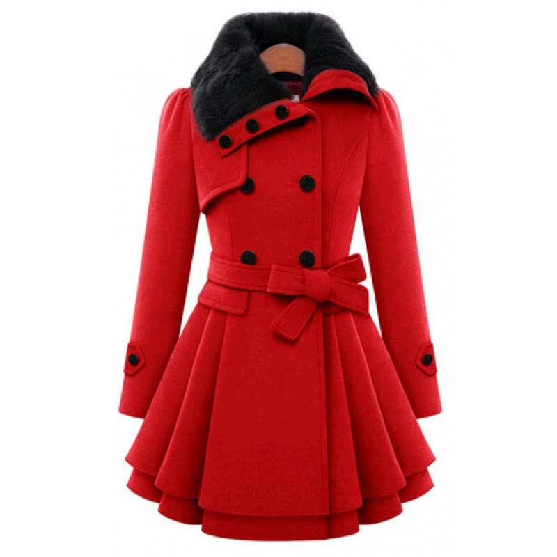 Women's Double-Breasted Belted Coat with Flared Hem