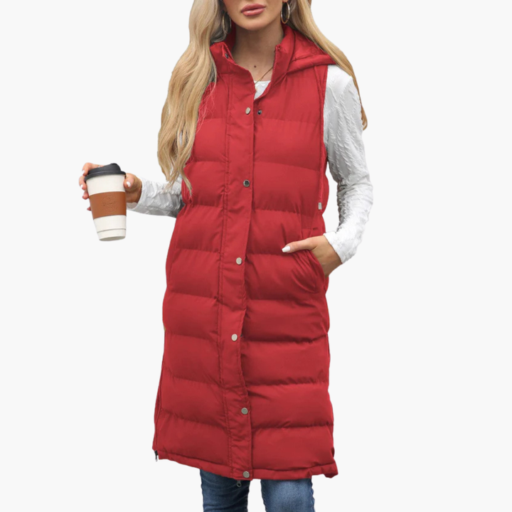Women's Hooded Long Puffer Vest with Pockets