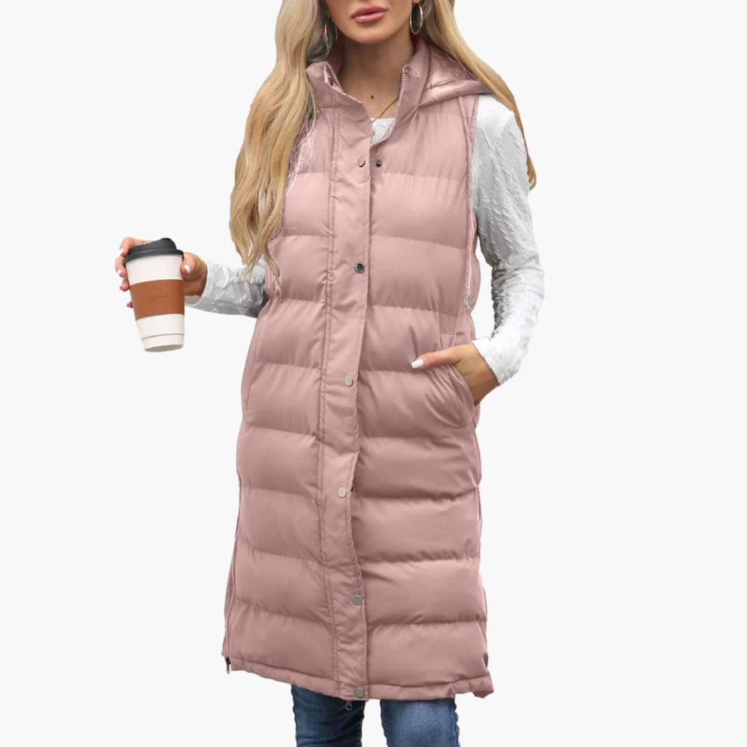 Women's Hooded Long Puffer Vest with Pockets