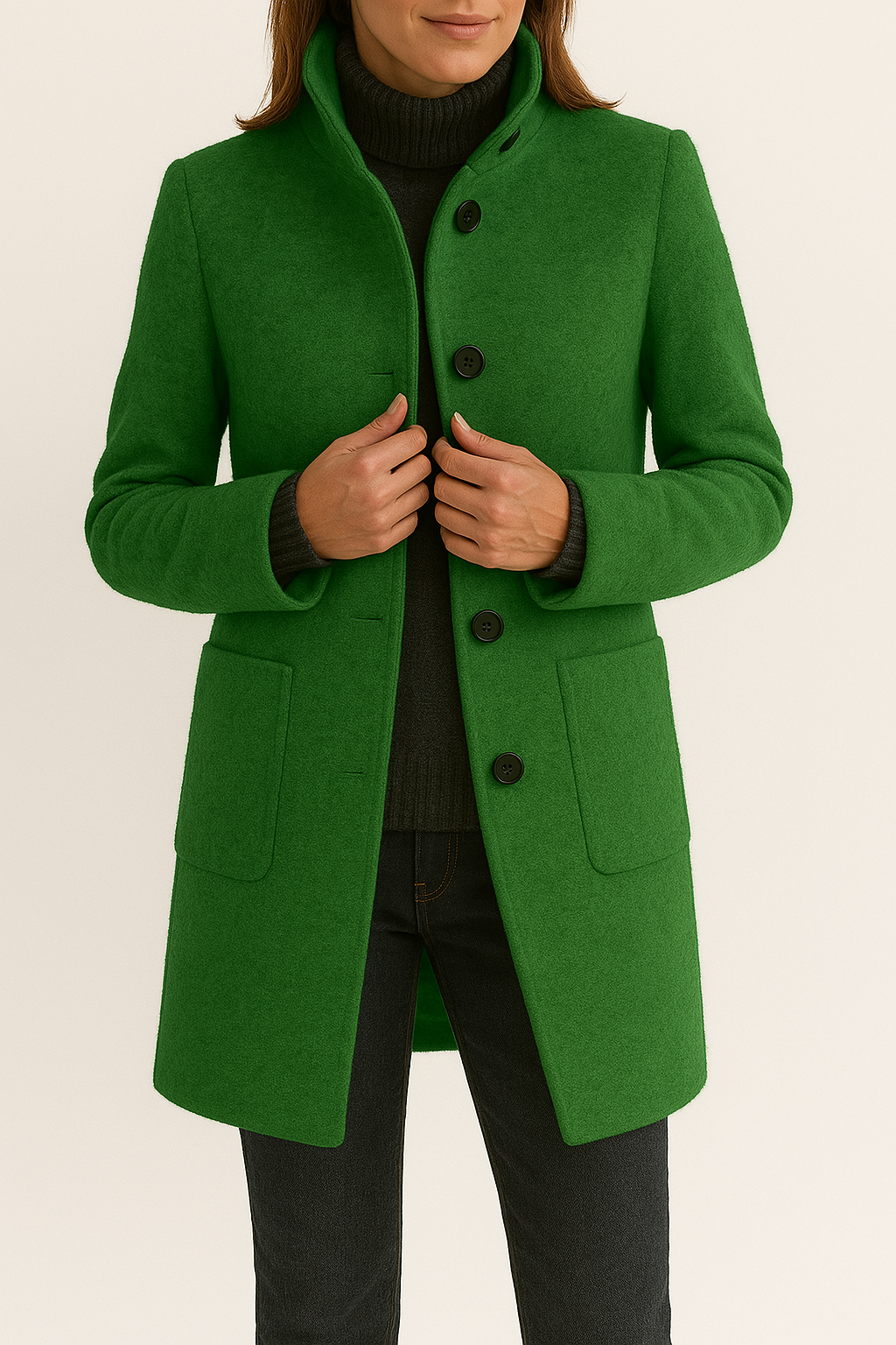 Women's Stand Collar Button Front Coat Hip Length