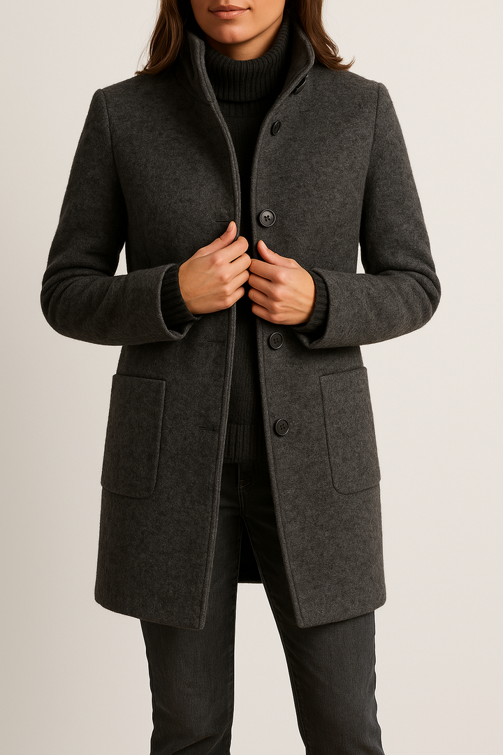 Women's Stand Collar Button Front Coat Hip Length