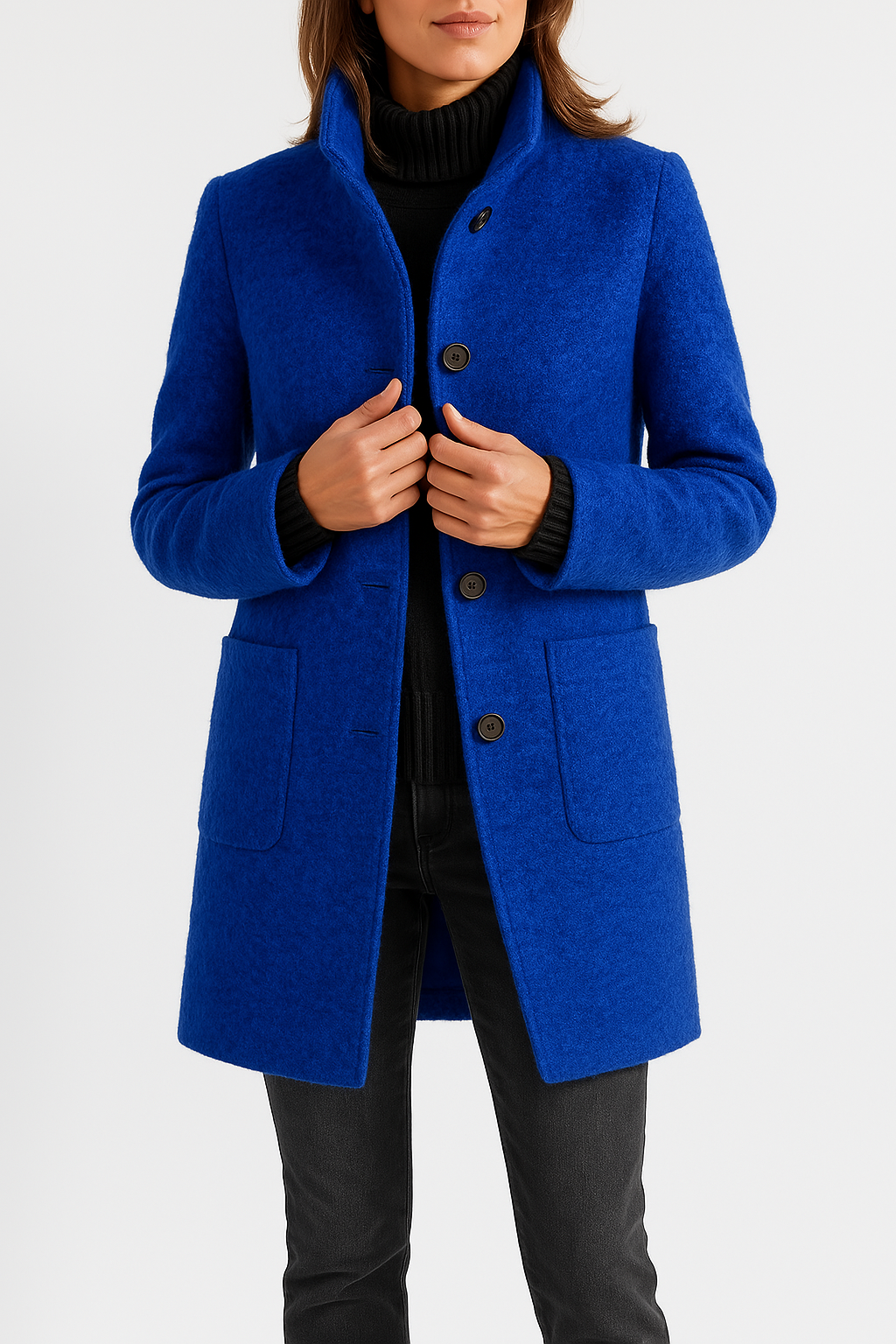 Women's Stand Collar Button Front Coat Hip Length