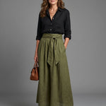 Vera | Two Piece Set Black Blouse Olive Green Midi Skirt