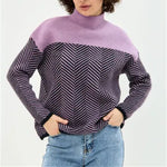 Women's Chevron Knit Jumper with High Neck and Relaxed Fit