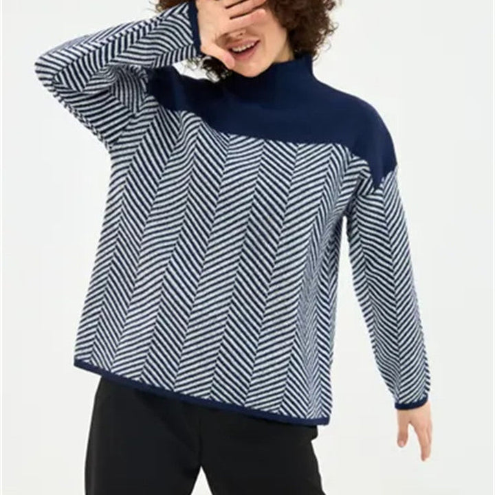 Women's Chevron Knit Jumper with High Neck and Relaxed Fit