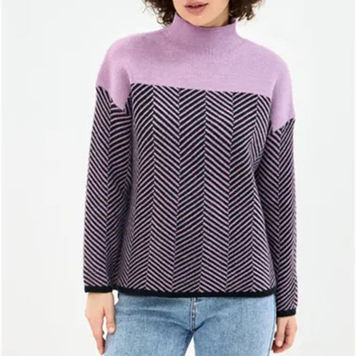 Women's Chevron Knit Jumper with High Neck and Relaxed Fit