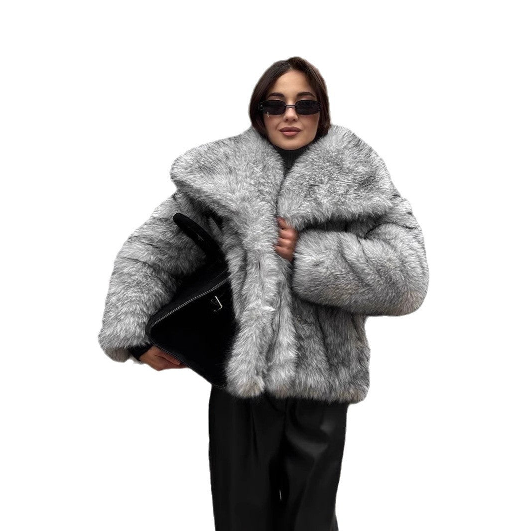 Women's Faux Fur Jacket with Oversized Collar