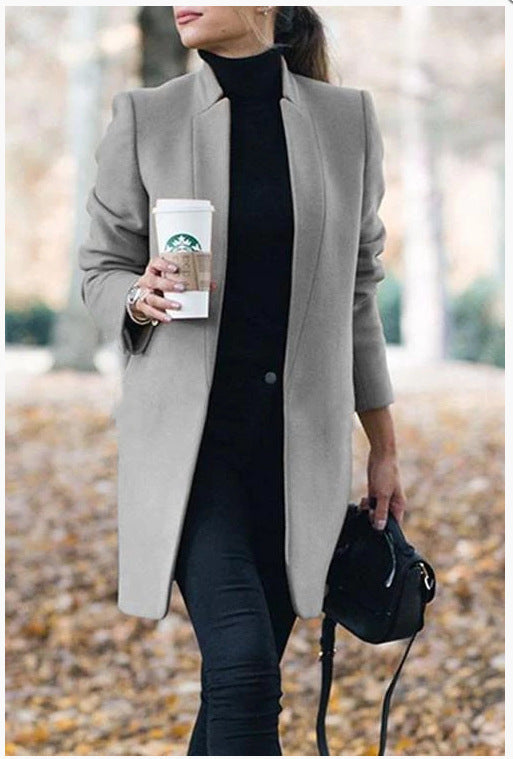 Women's Longline Blazer Coat Stand Collar Tailored Fit