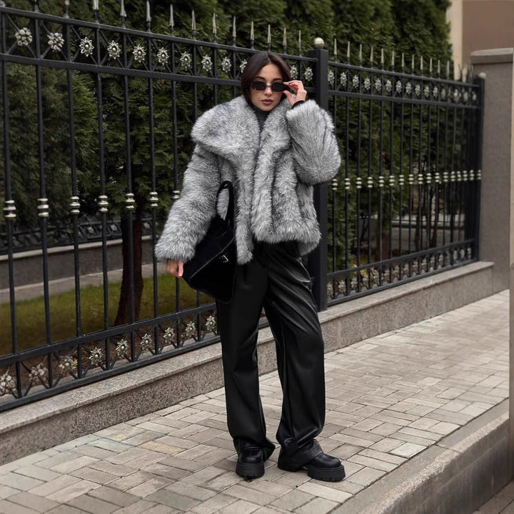 Women's Faux Fur Jacket with Oversized Collar