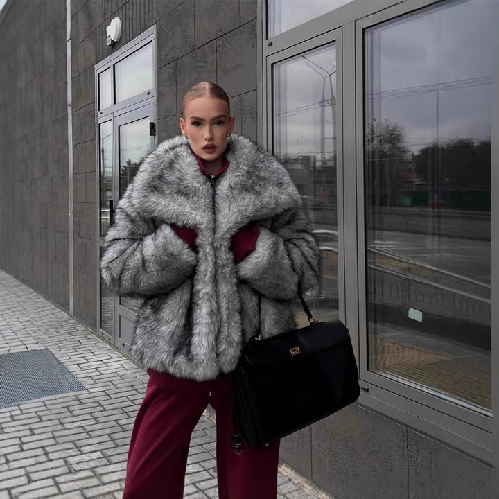 Women's Faux Fur Jacket with Oversized Collar
