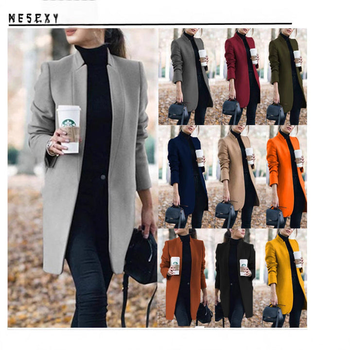 Women's Longline Blazer Coat Stand Collar Tailored Fit