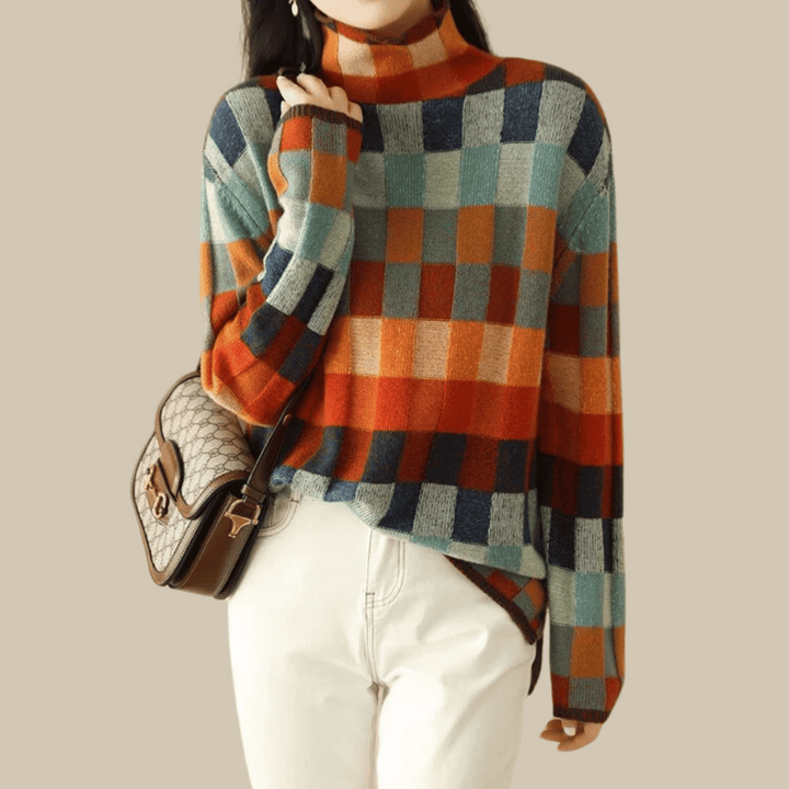 Women's Retro Check Color Block Crew Neck Sweater
