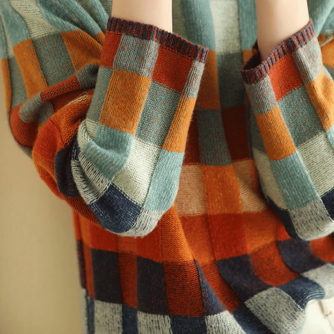 Women's Retro Check Color Block Crew Neck Sweater