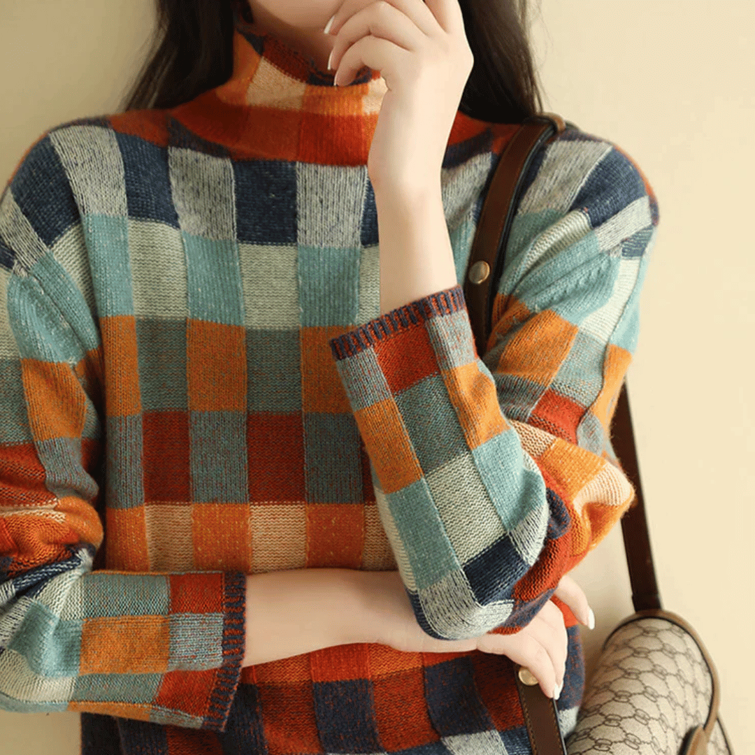 Women's Retro Check Color Block Crew Neck Sweater