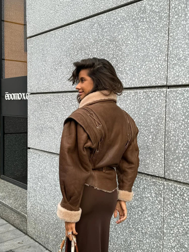Women's Fur-Lined Belted Coat with Shearling Trim