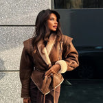 Women's Fur-Lined Belted Coat with Shearling Trim